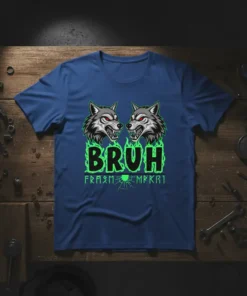 Bruh Fræm Mrkr1 text with two fierce wolves and green flames on a blue t-shirt