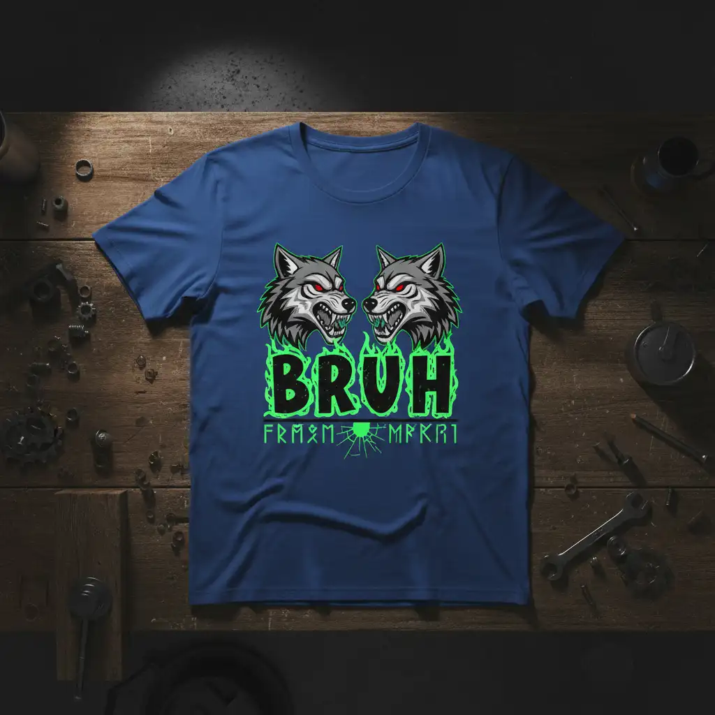 Bruh Fræm Mrkr1 text with two snarling wolves and green fire graphic on a blue t-shirt