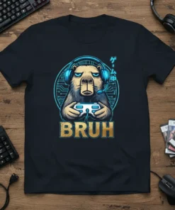 Bruh Game Over T-Shirt with capybara gamer, headset, controller, and Japanese text