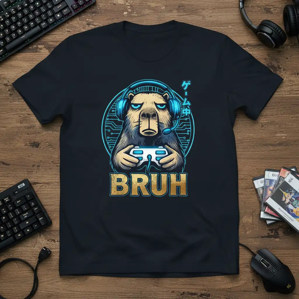 Bruh Game Over T-Shirt design featuring a capybara gamer with headset and controller, gold text