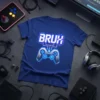 Bruh gaming controller t-shirt with retro design and neon blue accents, perfect for gamers