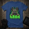 BRUH text with a cybernetic German Shepherd dog illustration on a blue t-shirt