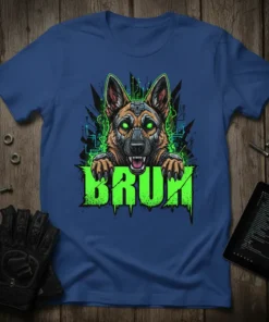 BRUH text with a cybernetic German Shepherd dog illustration on a blue t-shirt