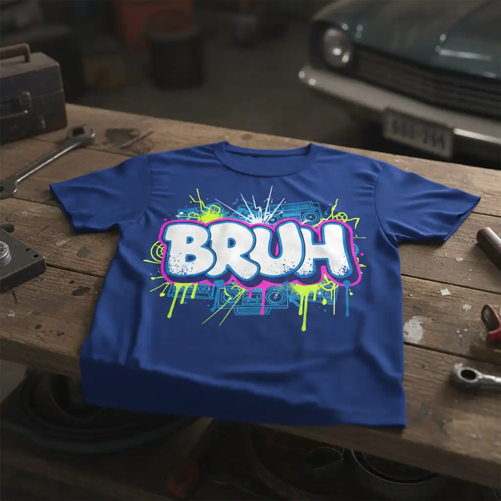 Vibrant BRUH graffiti text design with neon splashes and retro boomboxes on a blue t-shirt
