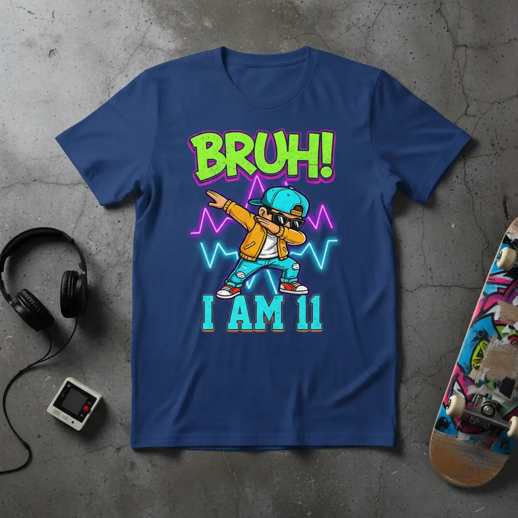 Bruh! I Am 11 birthday t-shirt design with a dabbing boy graphic and neon lightning accents