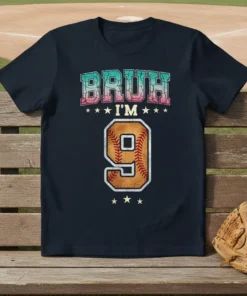 Bruh I'm 9 baseball birthday t-shirt with a baseball graphic and number 9