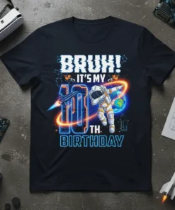 Bruh! It's My 10th Birthday astronaut t-shirt with dab pose, rocket, and planets design