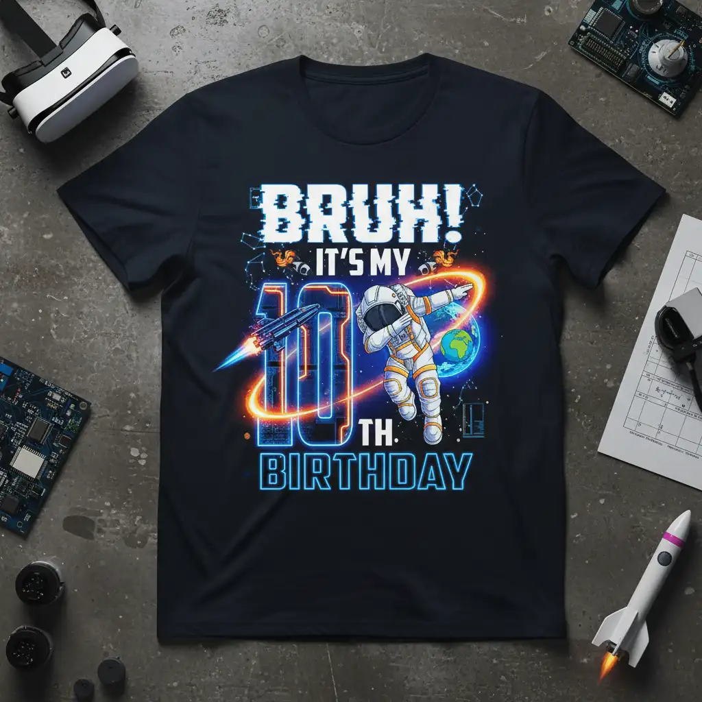 Bruh! It's My 10th Birthday design with dabbing astronaut and rocket graphic
