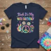 Bruh It's My 10TH BIRTHDAY text with tie-dye peace sign and flowers graphic on a navy t-shirt