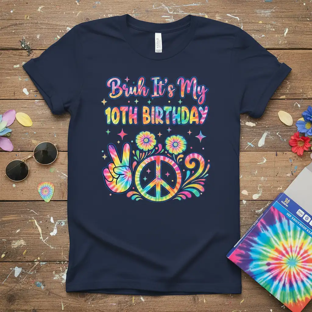 Bruh It's My 10TH BIRTHDAY colorful text with tie-dye peace sign and hand graphic