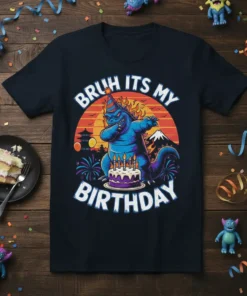 Bruh Its My Birthday t-shirt with a blue dabbing dinosaur, birthday cake, fireworks, and sunset graphic