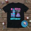 Bruh It's My Birthday text with a cool piñata llama and birthday cake graphic on a black t-shirt