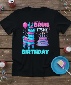 Bruh It's My Birthday text with a cool piñata llama and birthday cake graphic on a black t-shirt