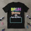 Bruh It's My Birthday Sign my Shirt text design with disco ball and neon frame on black t-shirt