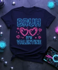 Bruh It's Valentine text with heart-shaped glasses graphic on a navy t-shirt