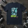 Leopard dabbing with "BRUH..." text in neon green and pink on a dark navy t-shirt, graphic streetwear design