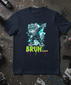 Leopard dabbing with "BRUH..." text in neon green and pink on a dark navy t-shirt, graphic streetwear design