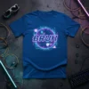 BRUH t-shirt with neon retro synthwave digital circuit design, featuring pink and blue glowing elements