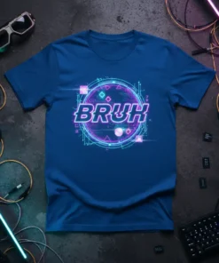 BRUH t-shirt with neon retro synthwave digital circuit design, featuring pink and blue glowing elements