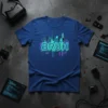 Blue t-shirt with neon green 'BRUH' text and a futuristic city skyline graphic