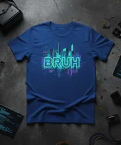 Blue t-shirt with neon green 'BRUH' text and a futuristic city skyline graphic