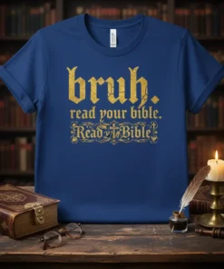 Blue t-shirt with "bruh. read your bible. Read † Bible" in gold gothic font, promoting Bible reading