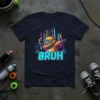 Bruh T-Shirt with a dabbing beaver, retro city skyline, and neon accents. Features bold "BRUH" text