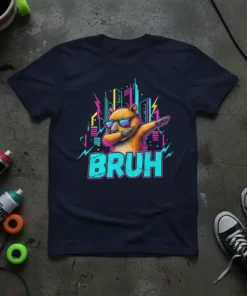 Bruh T-Shirt with a dabbing beaver, retro city skyline, and neon accents. Features bold "BRUH" text