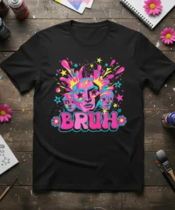 BRUH t-shirt with colorful retro graphic featuring abstract faces and stars, bold pink text "BRUH"