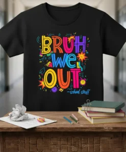 Bruh We Out school staff text design with colorful letters, graduation caps, and clocks on a black t-shirt