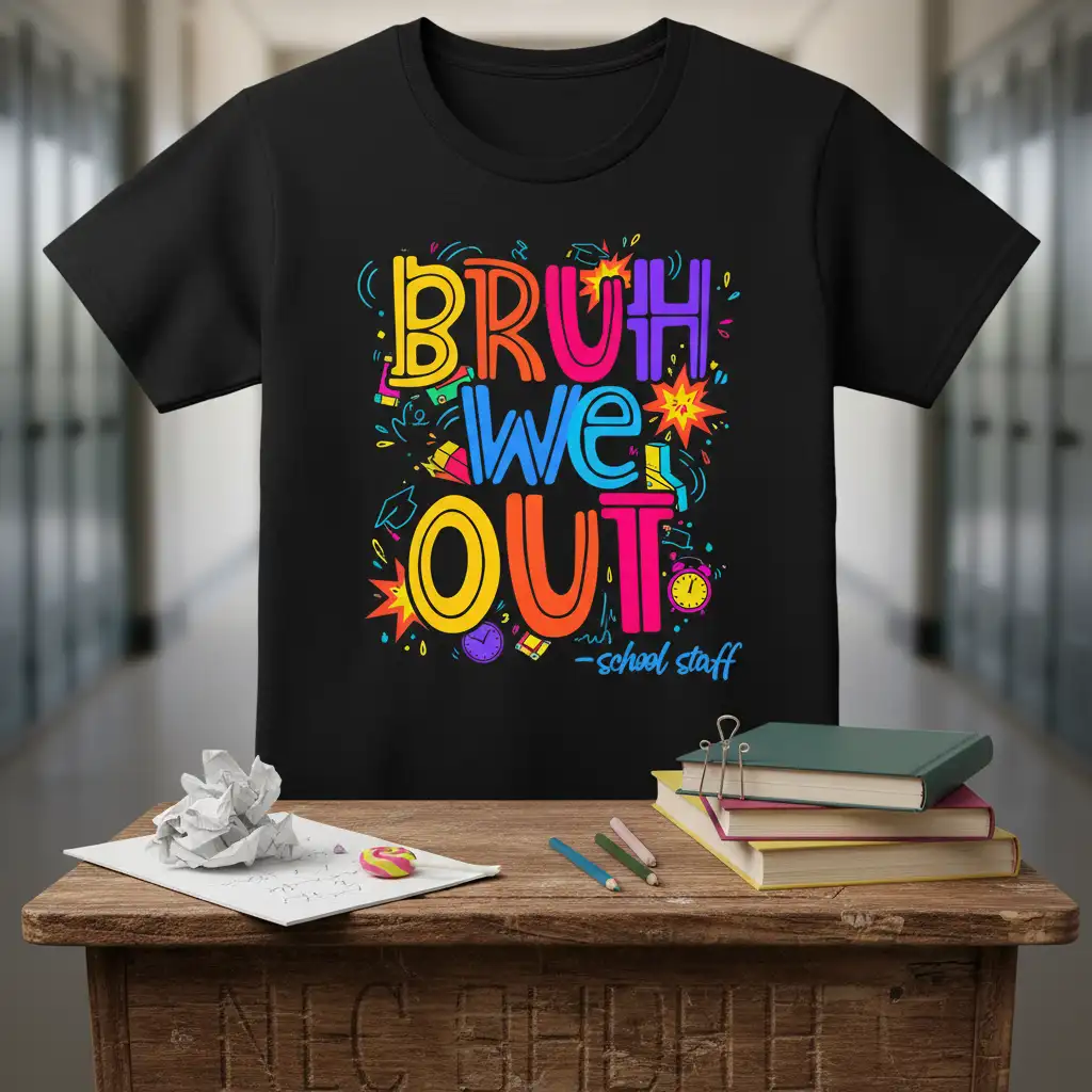 Bruh We Out school staff quote design with vibrant typography and school-themed graphics on a black t-shirt