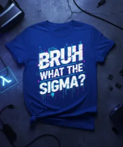 Bruh What The Sigma? text design on a royal blue t-shirt, featuring glitchy typography and digital circuit patterns