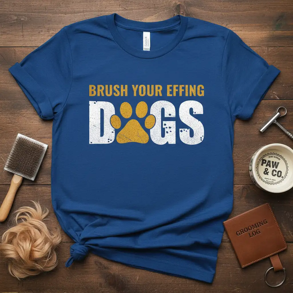 Brush Your Effing Dogs funny dog grooming quote with paw print on a royal blue t-shirt