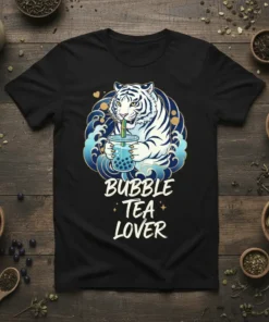 Bubble Tea Lover t-shirt design with a white tiger drinking bubble tea, featuring wave graphics
