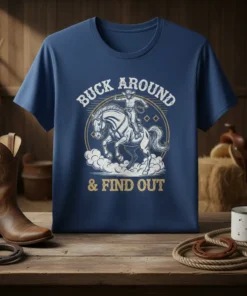 Buck Around & Find Out text with a cowboy riding a bucking horse graphic on a navy blue t-shirt