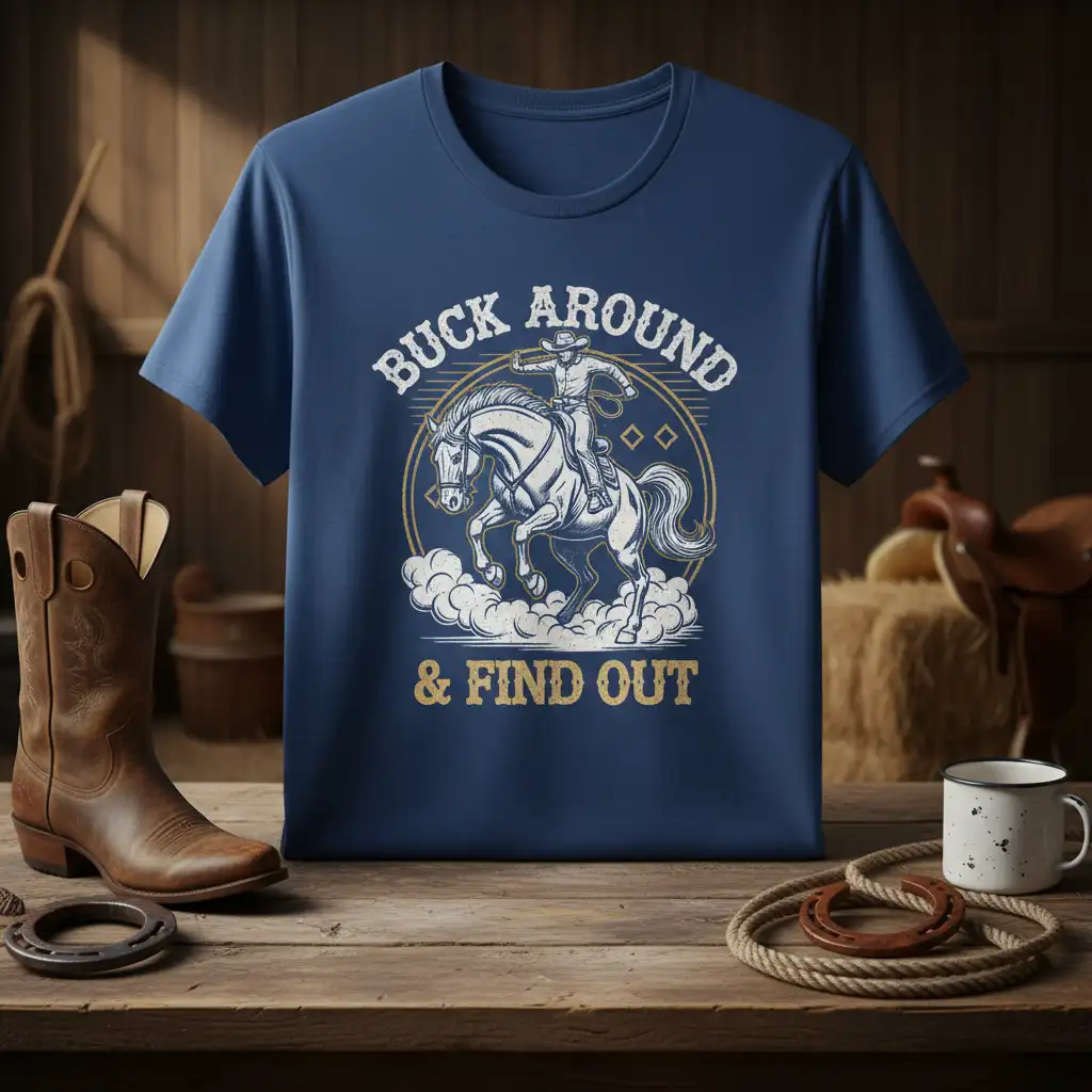 Buck Around & Find Out quote on a graphic tee featuring a cowboy riding a bucking horse