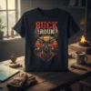 Buck Around And text with majestic deer head graphic and sunset mountain background on a black t-shirt