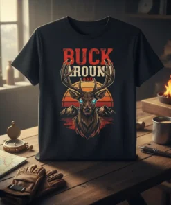 Buck Around And text with majestic deer head graphic and sunset mountain background on a black t-shirt