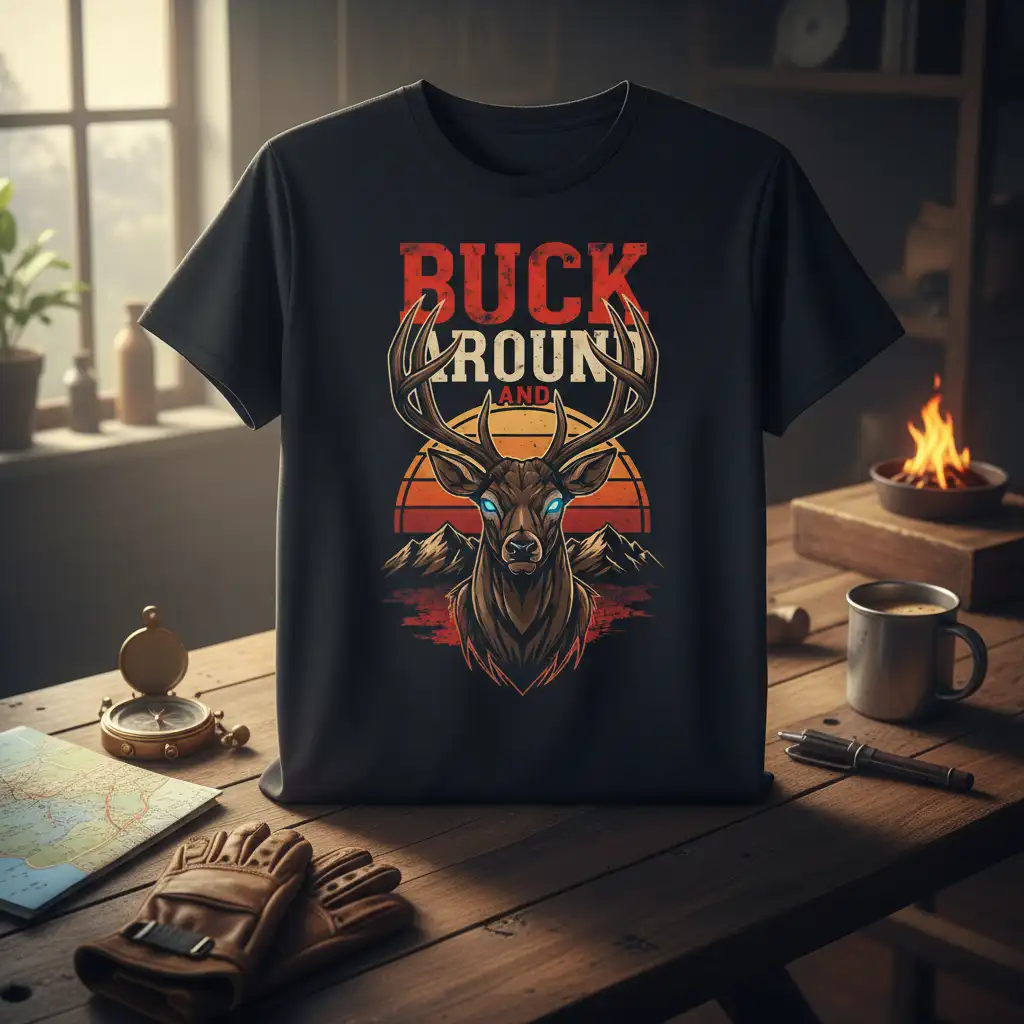 Buck Around And bold red text and deer graphic with sunset mountain backdrop on a black tee