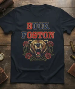 Buck Foston text above a roaring bear head with roses and thorns graphic on a navy t-shirt