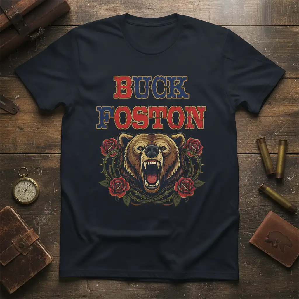 Buck Foston patriotic text design with roaring bear head and red roses graphic