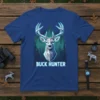 Buck Hunter t-shirt with a geometric deer head design and forest background, featuring the text "BUCK HUNTER"