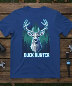 Buck Hunter t-shirt with a geometric deer head design and forest background, featuring the text "BUCK HUNTER"