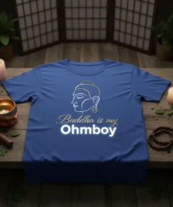 Buddha is my Ohmboy t-shirt featuring a line-art Buddha profile and glowing text, perfect for yoga and meditation enthusiasts