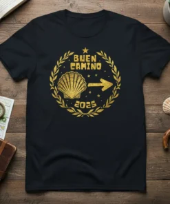 Buen Camino 2025 text with a golden scallop shell and arrow emblem on a black t-shirt