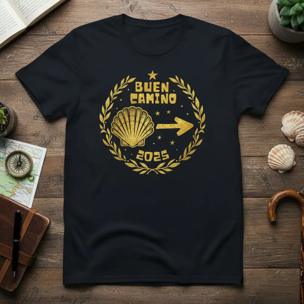 Buen Camino 2025 text with golden scallop shell and arrow emblem on a black t-shirt, perfect for pilgrimage