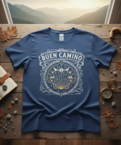 Buen Camino t-shirt with a vintage-style scallop shell design and text for pilgrims on the Camino de Santiago