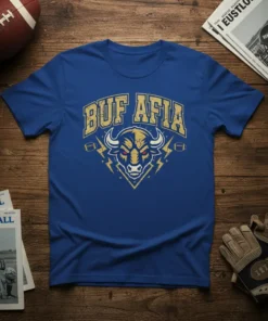 Buf Afia Buffalo football t-shirt design featuring a distressed gold varsity font and a powerful bull graphic with lightning bolts