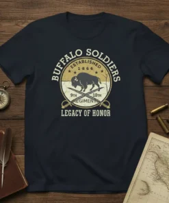 Buffalo Soldiers Legacy of Honor t-shirt featuring the 1866 established date, buffalo graphic, and crossed sabers