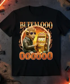 BUFFALOOO 000000 T-Shirt with a buffalo playing a slot machine and lucky sevens